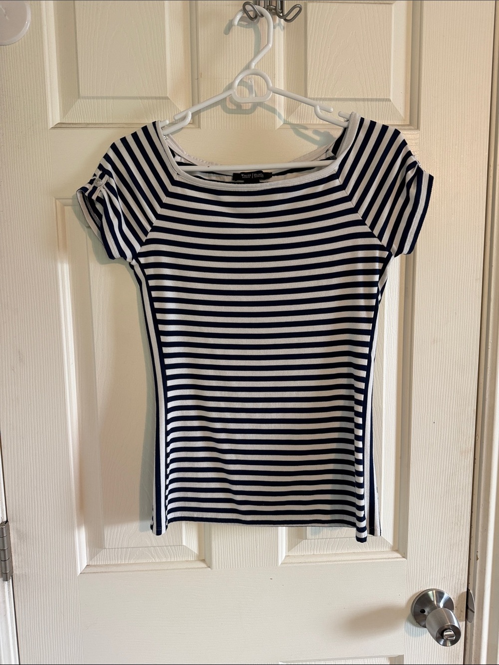 White House Black Market Navy & White Striped Boatneck Tee